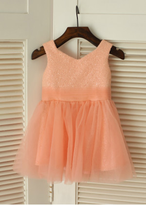 Peach Pink Sequin Tulle Knee Length Flower Girl Dress